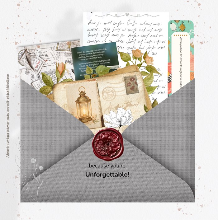 An open envelope filled with a letter, art card and keepsakes