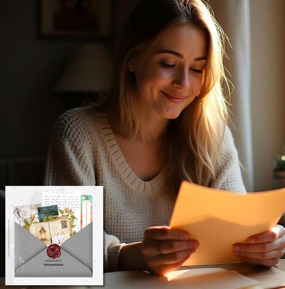 A woman reading her letter from Grandma, with the envelope and its keepsakes